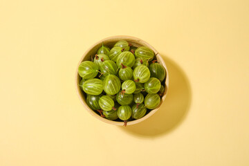 Bowl with fresh ripe gooseberry on color background