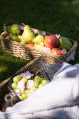 fruit picnic basket in grass summer apples pears grapes flowers tomatoes glasses drinks 