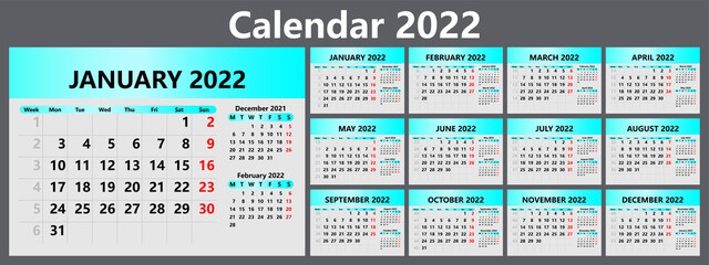 Planner calendar for 2022 with week numbers. Template for a wall calendar for a company. The week starts on Monday. Vector illustration