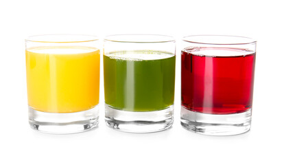 Fototapeta na wymiar Glasses with healthy juice on white background