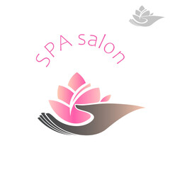 The hand holds a lotus flower, a color logo with a gradient. A concept for spa, relaxation, cosmetology, yoga, treatment, recovery, massage, oriental medicine. Vector illustration