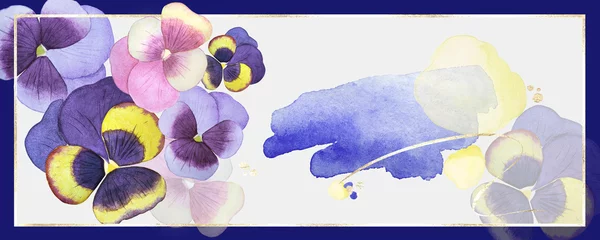 Keuken spatwand met foto Blue background in pansy colors and watercolor drops, with a gold metal frame. Wall art gallery © Olga