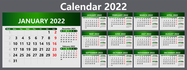 Planner calendar for 2022 with week numbers. Template for a wall calendar for a company. The week starts on Monday. Vector illustration