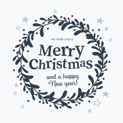 Merry Christmas and Happy New year congratulation text and mistletoe wreath isolated. Vector flat illustration. For cards, banners, prints, packaging, invitations.