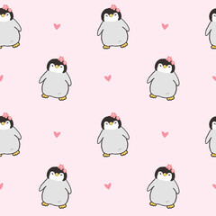 Seamless Pattern with Cartoon Penguin and Heart Design on Light Pink Background