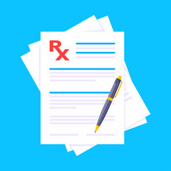 Medical rx form prescription on paper sheet flat style design vector illustration. Clipboard with rx form application medical prescription concept.