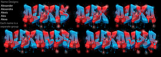 Graffiti styled Name Design - Alexander, Alexandra, Alexis, Alex, Alexa - obrazy, fototapety, plakaty