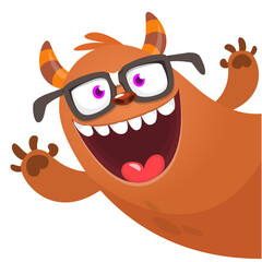 Funny cartoon smiling monster character. Illustration of cute and happy mythical alien. Vector isolated