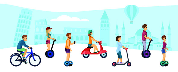 People ride eco friendly transport illustration. Active male and female characters ride gyroscooters and bicycles around city travel along road on high speed scooters. Vector cartoon sport.