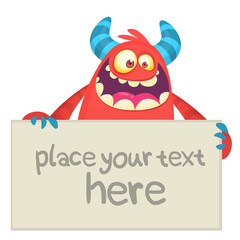 Funny cartoon monster character holding blank paper sheet or board for text. Illustration of happy alien creature. Halloween party design