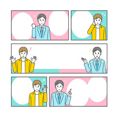 コマ漫画ベース　私服の男性とスーツを着た男性