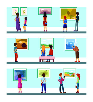 People in art gallery looking paintings set. Characters exhibition admire classic and contemporary painting collections artists and landscape painters in modern designs. Vector cartoon exposition.