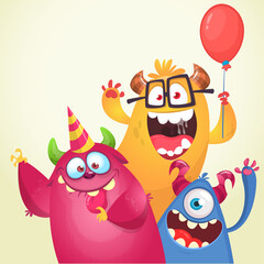 Funny cartoon monster characters set card for birthday party. Illustration of happy alien creatures. Package or invitation design