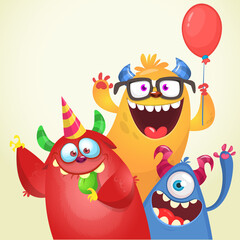 Naklejka premium Funny cartoon monster characters set card for birthday party. Illustration of happy alien creatures. Package or invitation design