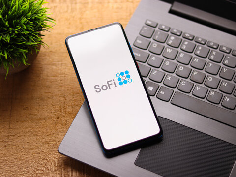 Assam, india - February 19, 2021 : SoFi logo on phone screen stock image.