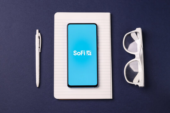 Assam, india - February 19, 2021 : SoFi logo on phone screen stock image.