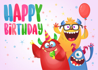 Funny cartoon monster characters set card for birthday party. Illustration of happy alien creatures. Package or invitation design