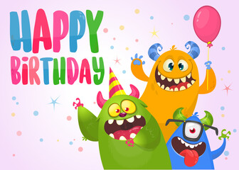 Funny cartoon monster characters set card for birthday party. Illustration of happy alien creatures. Package or invitation design