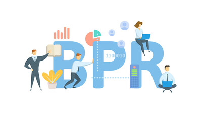 BPR, Business Process Reengineering. Concept with keyword, people and icons. Flat vector illustration. Isolated on white.