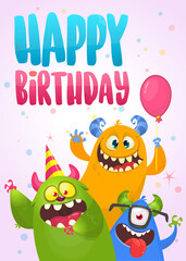 Obraz na płótnie Canvas Funny cartoon monster characters set card for birthday party. Illustration of happy alien creatures. Package or invitation design