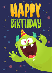 Fototapeta premium Funny cartoon monster characters set card for birthday party. Illustration of happy alien creatures. Package or invitation design