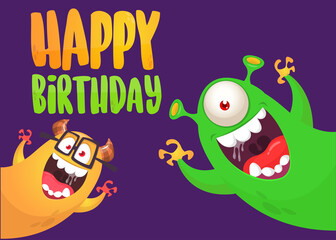 Funny cartoon monster characters set card for birthday party. Illustration of happy alien creatures. Package or invitation design