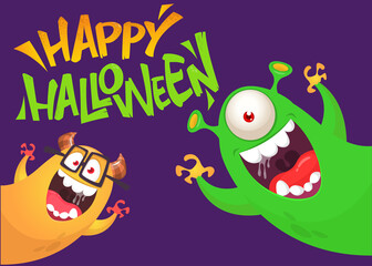 Funny cartoon monster characters set card for Halloween party. Illustration of happy alien creatures. Package or invitation design.