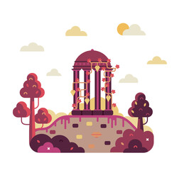 Naklejka premium Colonade covered with grapes stands on the ruins of an ancient civilization. Vector cartoon illustration in flat design. Vector illustration