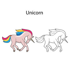 Funny cute animal unicorn isolated on white background. Linear, contour, black and white and colored version. Illustration can be used for coloring book, design logo and pictures for children