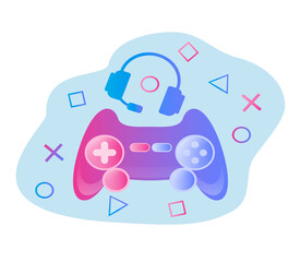 vector illustration on the theme of computer games, play station. gamepad and headphones. trend illustration in flat style