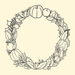 Vector autumn wreath illustration. Design template print with pumpkin, apple, leaves. October harvest background. Organic vegetable garden food. Nature design. Fall season.