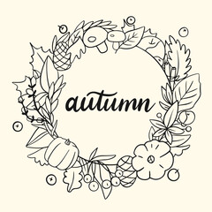Autumn wreath design template print with pumpkin, apple, leaves. Vector Halloween illustration. October harvest background. Organic vegetable garden food. Nature design. Fall season.