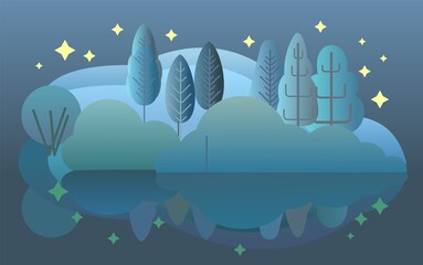 Night forest. Flat cartoon style symbolic illustration. Landscape in dark colors. Rural wildlife shrubs. Darkness and twilight. Country scene. Beautiful art picture. Vector.