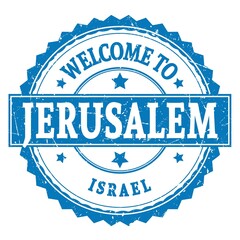 WELCOME TO JERUSALEM - ISRAEL, words written on light blue stamp