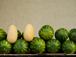 A counter with melons and watermelons. Sale of fruits, vegetables and berries, copy space