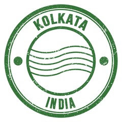 KOLKATA - INDIA, words written on green postal stamp