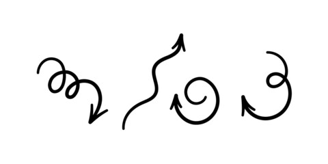 Set of hand drawn curved arrows. Swirling black arrows. Vector illustration isolated in doodle style on white background.