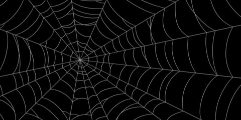 Scary spider web. White cobweb silhouette isolated on black background. Hand drawn banner with spider web for Halloween party. Vector illustration.