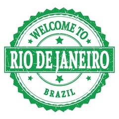 WELCOME TO RIO DE JANEIRO - BRAZIL, words written on green stamp