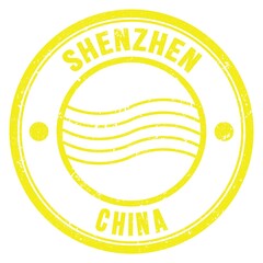 SHENZHEN - CHINA, words written on yellow postal stamp