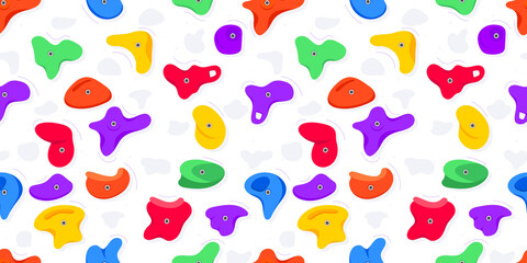 Seamless pattern of climbing grips or holds in the gym bouldering training flat style design vector illustration. Holds for the rock climbing walls. Crimps, jugs, pinches, slopers elements icon signs.