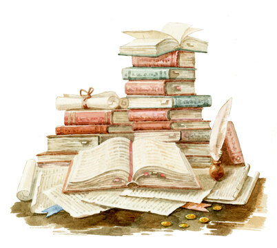 An open book, scrolls and a stack of ancient volumes. Old books painted in watercolor.