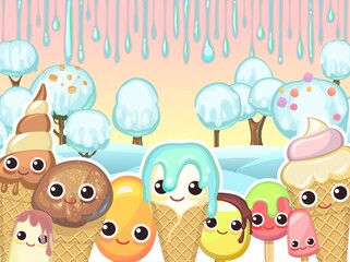 Winter landscape with ice cream. Frosty sky. Summer food sweet dessert. Cartoon funny characters. Flat design. Children Illustration Vector