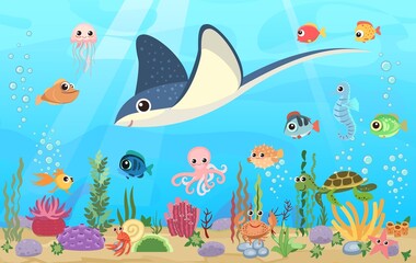 Stingray. Bottom of reservoir with fish. Blue water. Sea ocean. Underwater landscape with animals. plants, algae and corals. Cartoon style illusteration. Vector art