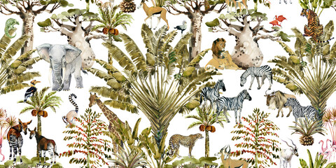 Safari Wildlife Seamless pattern. wild animal in Exotic African Plants watercolor illustration. vintage jungle wallpaper with palm trees, leopard, elephant, giraffe, tiger, lion, zebra. Botanical art. - 452852415