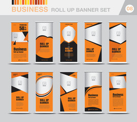Business Roll up banner template set, Modern Exhibition Advertising, Web banner design, Stand, Poster, pull up, flyer, presentation, advertisement, j-flag, x-stand, stock vector, orange background