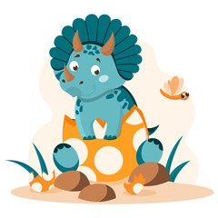 Cute little dinosaur. Animal looks at pro-flying dragonfly. Blue tyrannosaurus, triceratops. Monster sits on the egg. Baby hatched. Cartoon flat vector illustration isolated on white background