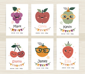 Fototapeta na wymiar Baby shower invitations templates with cute fruits.