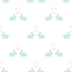 Seamless abstract pattern with Easter rabbits and hearts of different pastel colors.