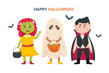 Halloween kids. Group of children characters in halloween costumes. Halloween party outfits collection. Vector cartoon illustration.	